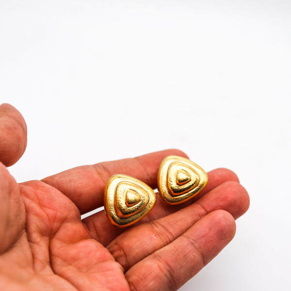 -Zolotas Greece Pyramidal Triangular Clips On Earrings In Solid 22Kt Yellow Gold