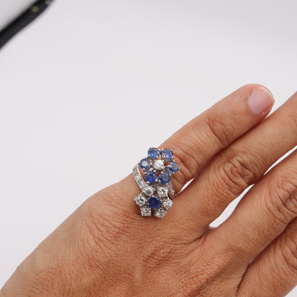 (S)Art Deco 1930 Toi Et Moi Cocktail Ring In Platinum With 5.07 Cts In Diamonds And Sapphires