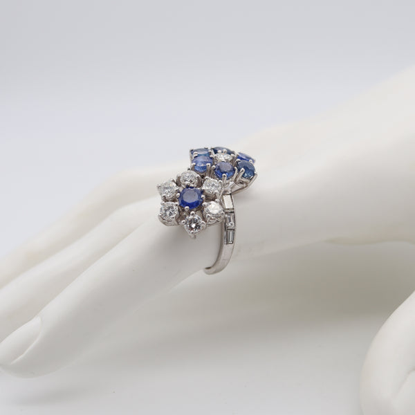 (S)Art Deco 1930 Toi Et Moi Cocktail Ring In Platinum With 5.07 Cts In Diamonds And Sapphires