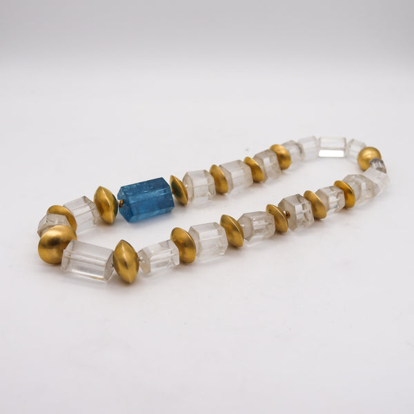 -German Modernist Necklace In 18Kt Yellow Gold With Aquamarine And Rock Quartz