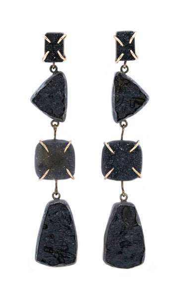 BLACK AGATE & VOLCANIC LAVA 14 KT LONG EARRING