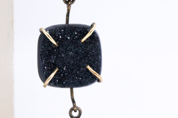 BLACK AGATE & VOLCANIC LAVA 14 KT LONG EARRING