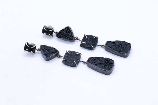 BLACK AGATE & VOLCANIC LAVA 14 KT LONG EARRING