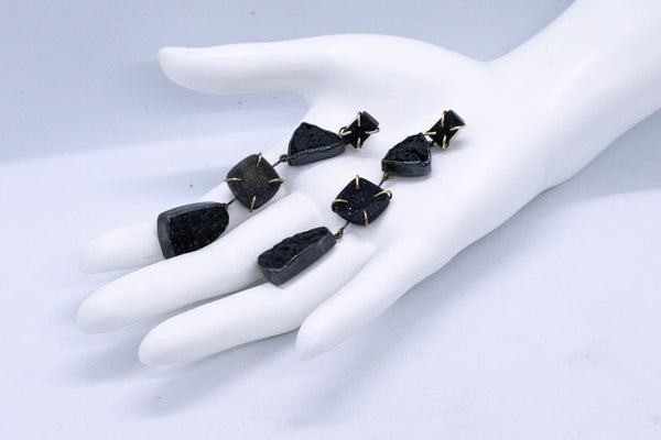 BLACK AGATE & VOLCANIC LAVA 14 KT LONG EARRING