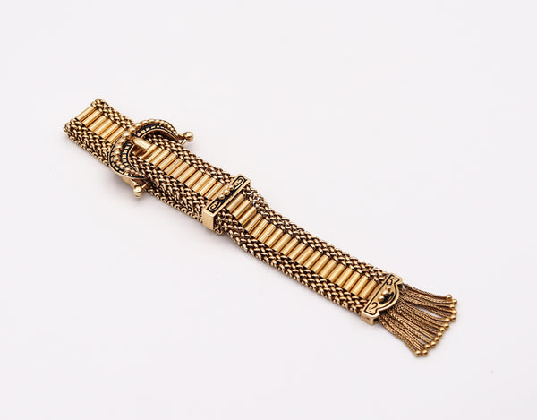 Victorian 1880 Enameled Flexible Buckle Bracelet With Fringes In 14Kt Yellow Gold