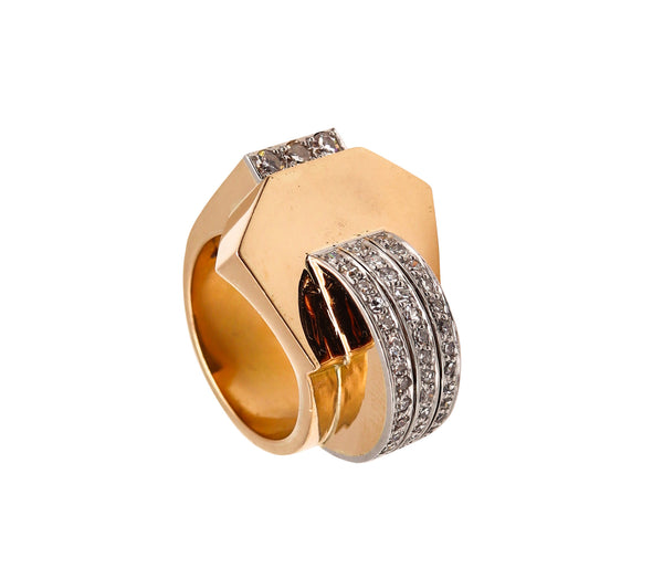 -Deco Retro 1935 Geometric Cocktail Ring In 18Kt Gold And Platinum With 1.65 Ctw Diamonds