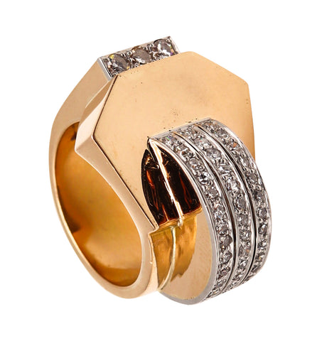 -Deco Retro 1935 Geometric Cocktail Ring In 18Kt Gold And Platinum With 1.65 Ctw Diamonds