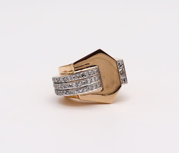 -Deco Retro 1935 Geometric Cocktail Ring In 18Kt Gold And Platinum With 1.65 Ctw Diamonds