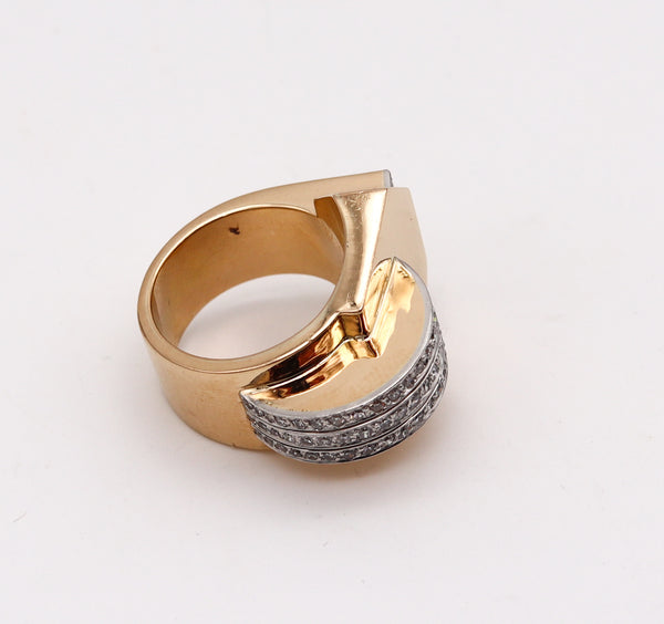 -Deco Retro 1935 Geometric Cocktail Ring In 18Kt Gold And Platinum With 1.65 Ctw Diamonds
