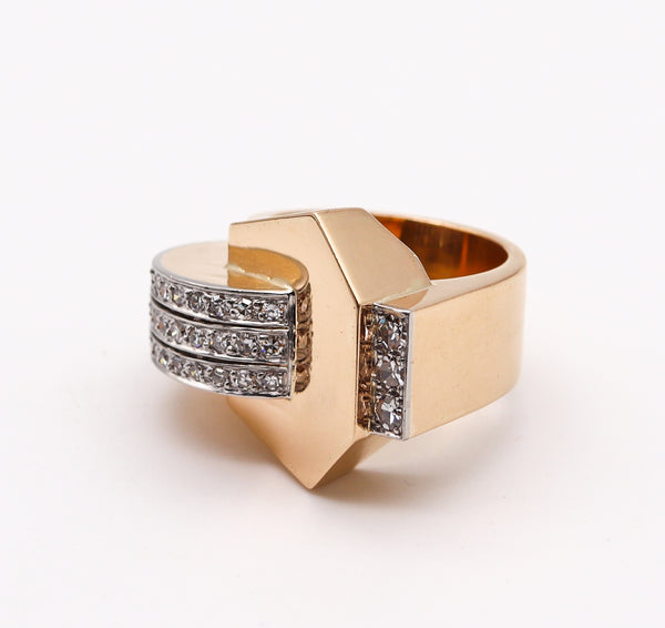 -Deco Retro 1935 Geometric Cocktail Ring In 18Kt Gold And Platinum With 1.65 Ctw Diamonds