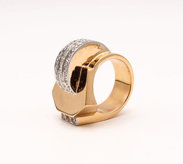 -Deco Retro 1935 Geometric Cocktail Ring In 18Kt Gold And Platinum With 1.65 Ctw Diamonds