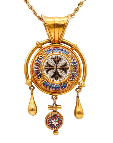 -Roman Revival 1850 Papal States Grand Tour Micro Mosaic Pendant In 18Kt Yellow Gold