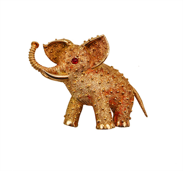Cartier Paris 1950 Rare Elephant Brooch In Textured 18Kt Yellow Gold With One Ruby