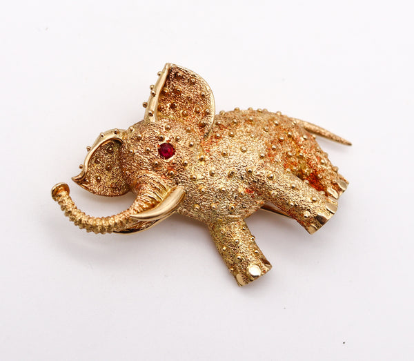 Cartier Paris 1950 Rare Elephant Brooch In Textured 18Kt Yellow Gold With One Ruby