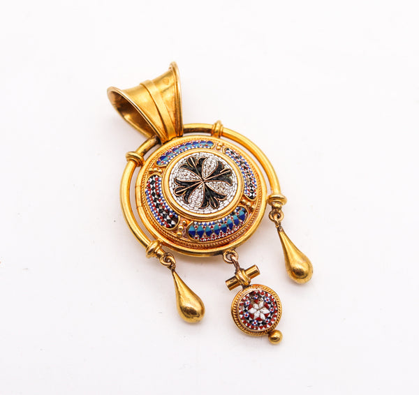 -Roman Revival 1850 Papal States Grand Tour Micro Mosaic Pendant In 18Kt Yellow Gold