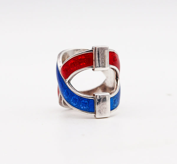 -Gucci Milano Vintage Red And Blue Enamel Ring In Solid .925 Sterling Silver