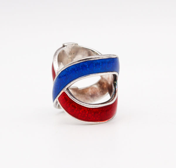 -Gucci Milano Vintage Red And Blue Enamel Ring In Solid .925 Sterling Silver