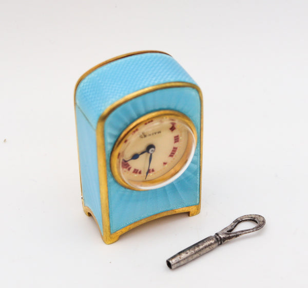+Zenith 1910 Edwardian Miniature Travel Clock With Guilloché Enamel In Gilt Sterling
