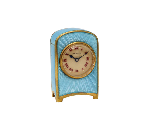 +Zenith 1910 Edwardian Miniature Travel Clock With Guilloché Enamel In Gilt Sterling