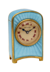 +Zenith 1910 Edwardian Miniature Travel Clock With Guilloché Enamel In Gilt Sterling