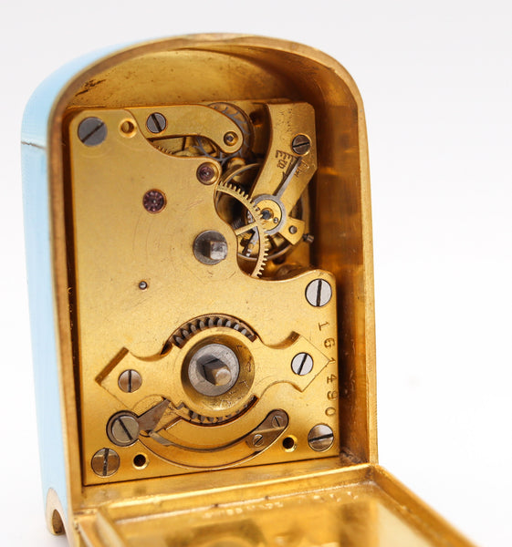 +Zenith 1910 Edwardian Miniature Travel Clock With Guilloché Enamel In Gilt Sterling