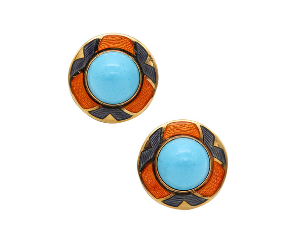 -Leo De Vroomen London Enameled Earrings In 18Kt Yellow Gold And Turquoises