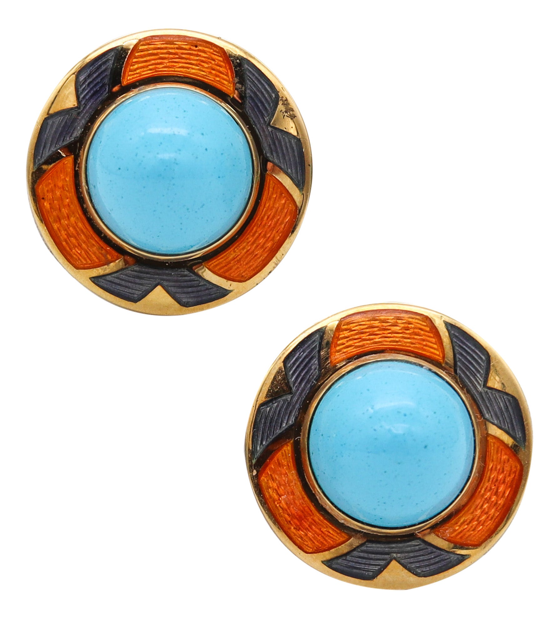 -Leo De Vroomen London Enameled Earrings In 18Kt Yellow Gold And Turquoises