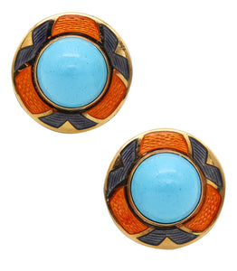-Leo De Vroomen London Enameled Earrings In 18Kt Yellow Gold And Turquoises