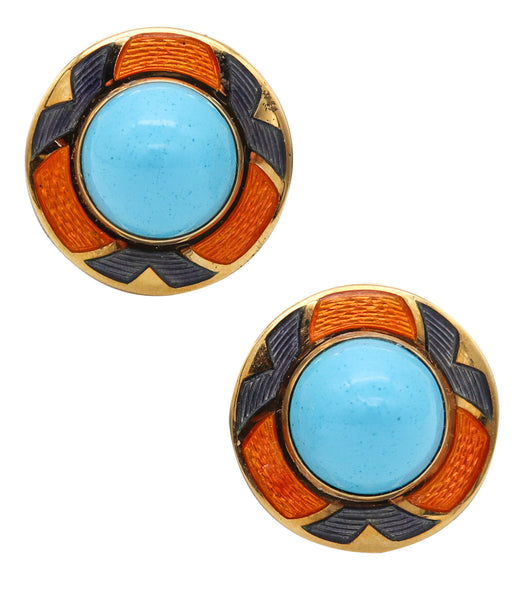 -Leo De Vroomen London Enameled Earrings In 18Kt Yellow Gold And Turquoises