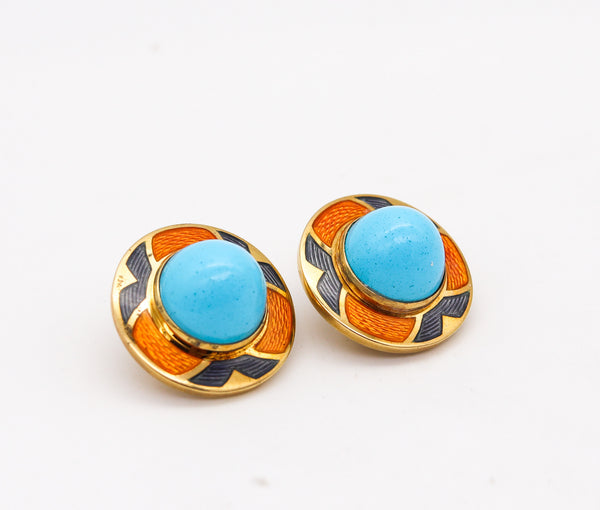 -Leo De Vroomen London Enameled Earrings In 18Kt Yellow Gold And Turquoises