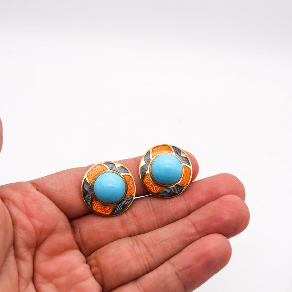 -Leo De Vroomen London Enameled Earrings In 18Kt Yellow Gold And Turquoises