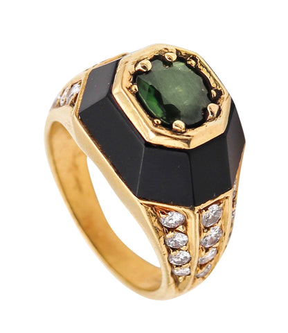 -Jean Thierry Bond 1970 Paris Ring In 18Kt Gold With 1.92 Ctw Diamonds Tourmaline And Onyx