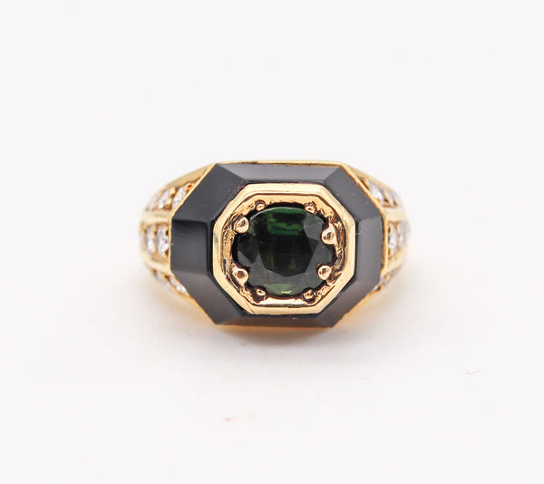 -Jean Thierry Bond 1970 Paris Ring In 18Kt Gold With 1.92 Ctw Diamonds Tourmaline And Onyx