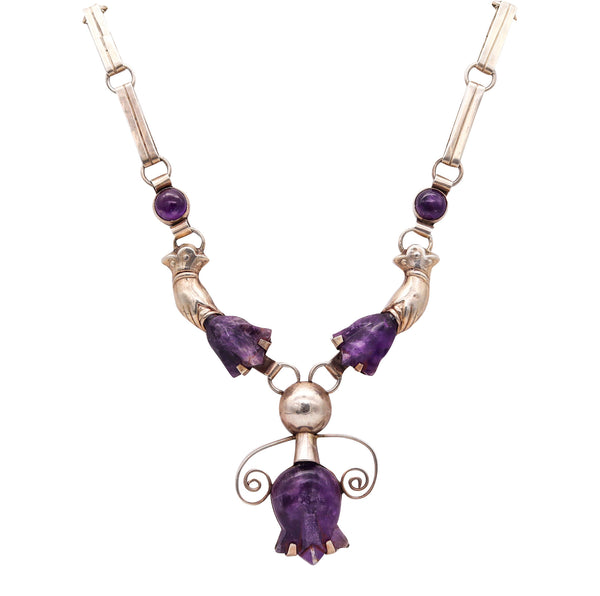 -Mexican 1945 Taxco Studio Drop Necklace In .925 Sterling Silver With Carved Amethyst