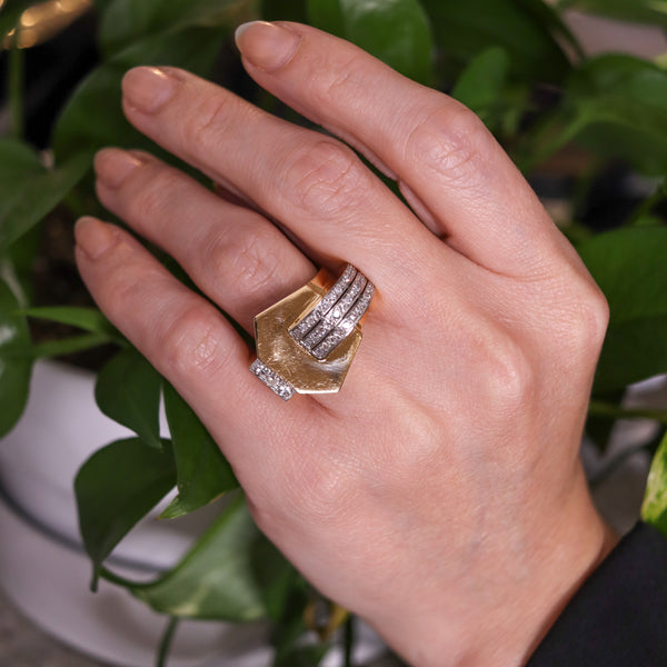 -Deco Retro 1935 Geometric Cocktail Ring In 18Kt Gold And Platinum With 1.65 Ctw Diamonds