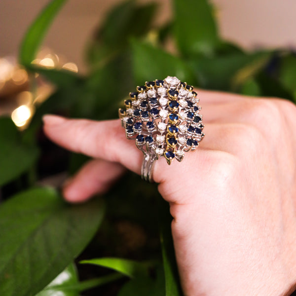 Modernist 1970 Cluster Cocktail Ring In 14Kt Gold With 10.36 Ctw Diamonds and Sapphires