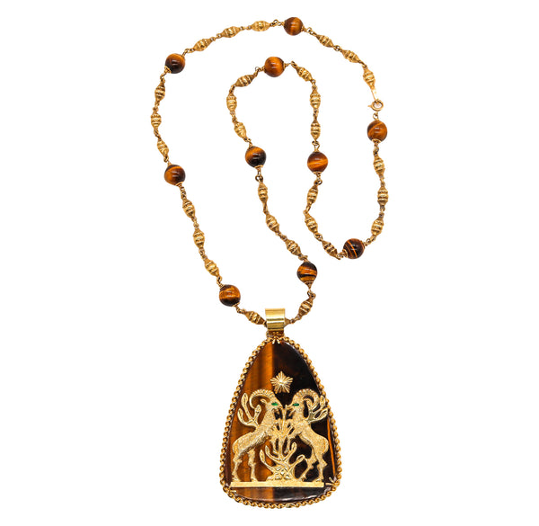 Mid Century 1960 Italian Capricorn Zodiac Necklace In 18Kt Gold With Tiger Eye And Emeralds