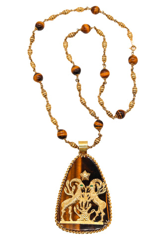 Mid Century 1960 Italian Capricorn Zodiac Necklace In 18Kt Gold With Tiger Eye And Emeralds