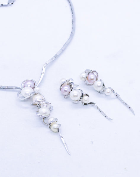 DENOIR 18 KT NECKLACE AND EARRINGS SET WITH PEARLS & DIAMONDS