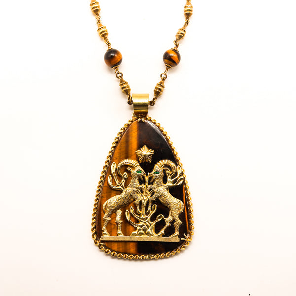 Mid Century 1960 Italian Capricorn Zodiac Necklace In 18Kt Gold With Tiger Eye And Emeralds