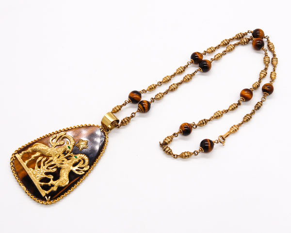 Mid Century 1960 Italian Capricorn Zodiac Necklace In 18Kt Gold With Tiger Eye And Emeralds