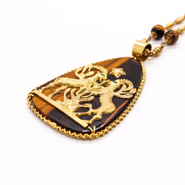 Mid Century 1960 Italian Capricorn Zodiac Necklace In 18Kt Gold With Tiger Eye And Emeralds