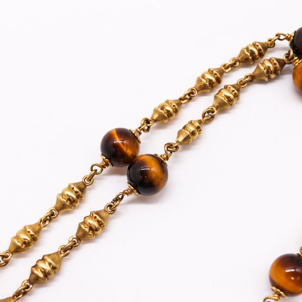 Mid Century 1960 Italian Capricorn Zodiac Necklace In 18Kt Gold With Tiger Eye And Emeralds