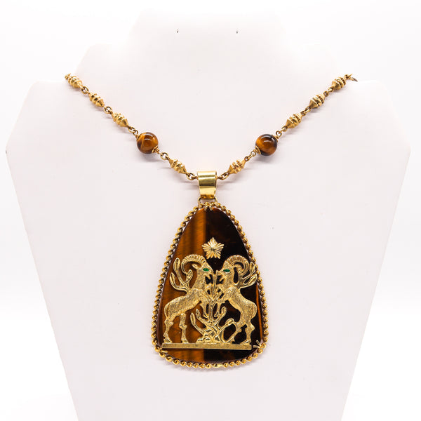 Mid Century 1960 Italian Capricorn Zodiac Necklace In 18Kt Gold With Tiger Eye And Emeralds