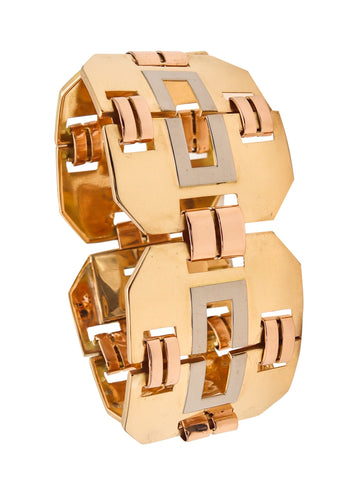 -French 1935 Art Deco Retro Tricolor Geometric Tank Bracelet In 18Kt Solid Gold