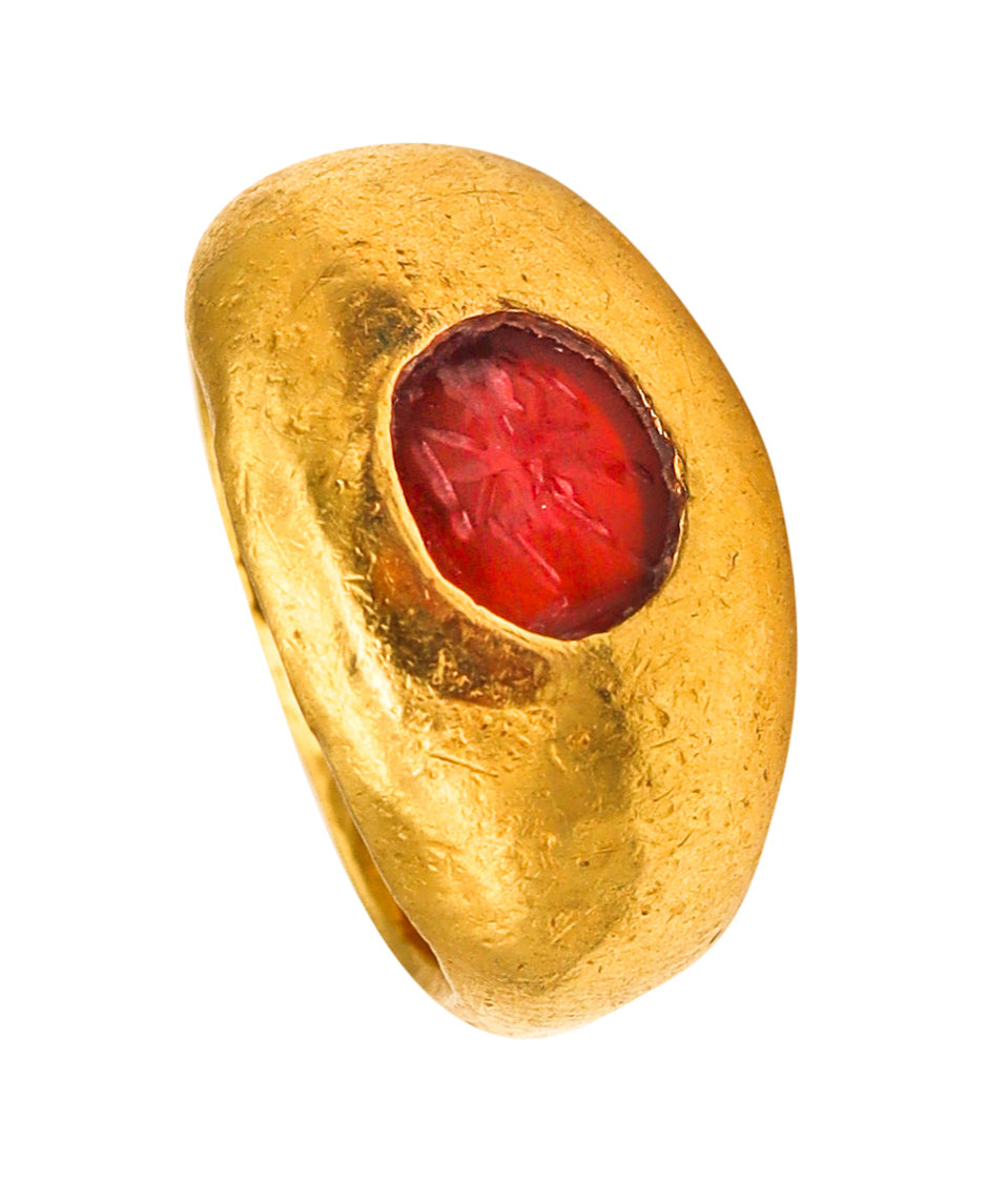 Ancient Rome 100 AD Signet Intaglio Ring In 22Kt Yellow Gold With Carved Carnelian