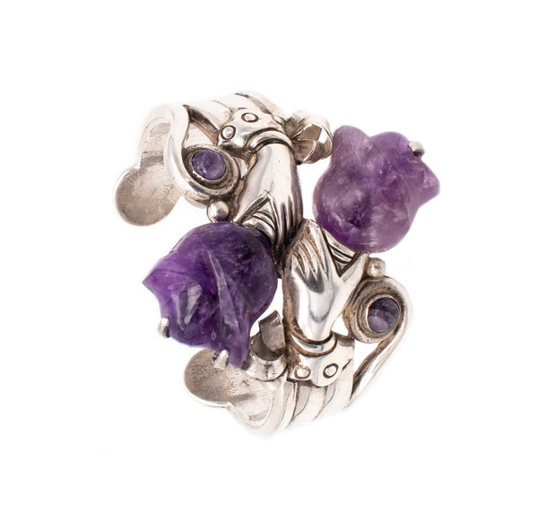 SPRATLING 1940 TULIPS HANDS CUFF BRACELET IN .980 STERLING SILVER WITH AMETHYST