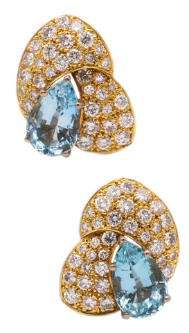 RAYMOND C. YARD 18 KT GOLD & PLATINUM EARRINGS WITH 9.95 Ctw IN DIAMONDS & AQUAMARINES