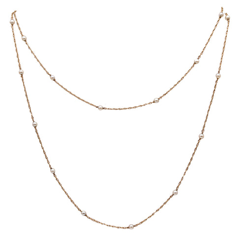 Art Deco 1930 Station Sautoir In 14Kt Yellow Gold With 24 Natural White Round Pearls