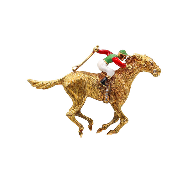 -Cartier 1950 Enameled Racing Horse Jockey Brooch In 18Kt Gold With Diamonds